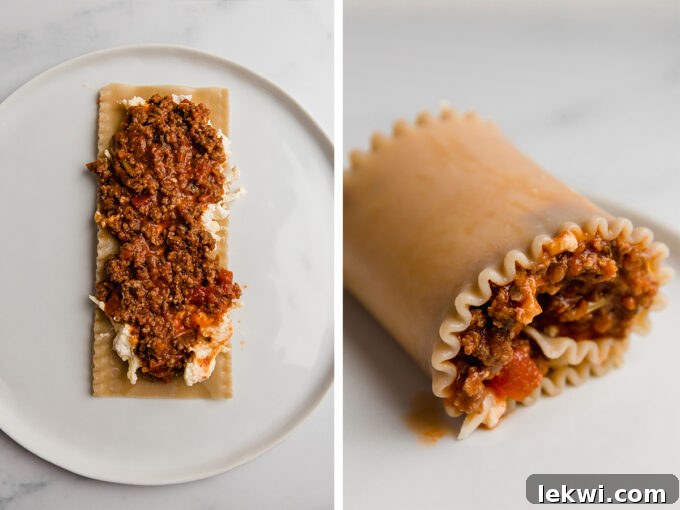 Lasagna roll-ups in the process of being assembled on a cutting board, showing the filling and rolling technique.