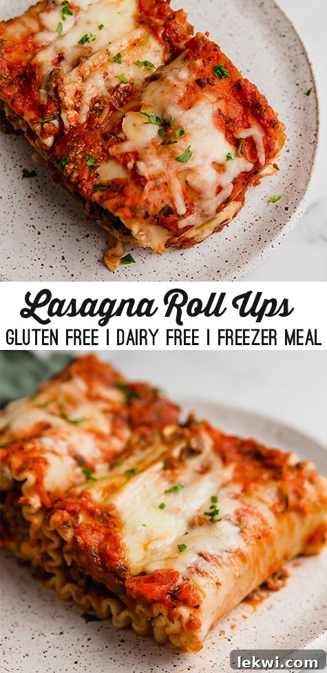 Collage with text "Lasagna Roll Ups Gluten Free | Dairy Free | Freezer Meal."