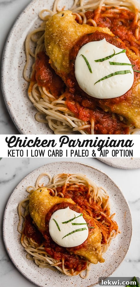 Visually appealing collage with text overlay: "Chicken Parmigiana Keto | Low Carb | Paleo & AIP Option." The image includes a close-up of a chicken parmigiana dish, emphasizing its appetizing appearance for diet-conscious individuals.