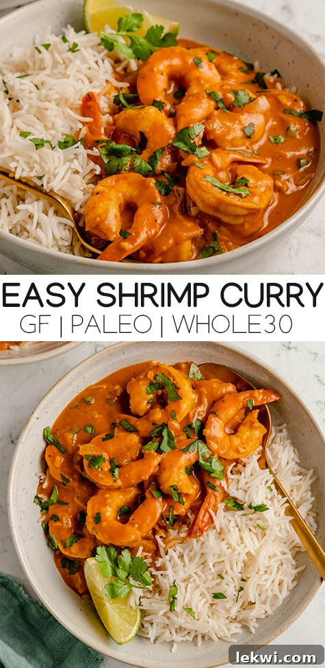 Collage with text "Easy Shrimp Curry GF | Paleo | Whole30."