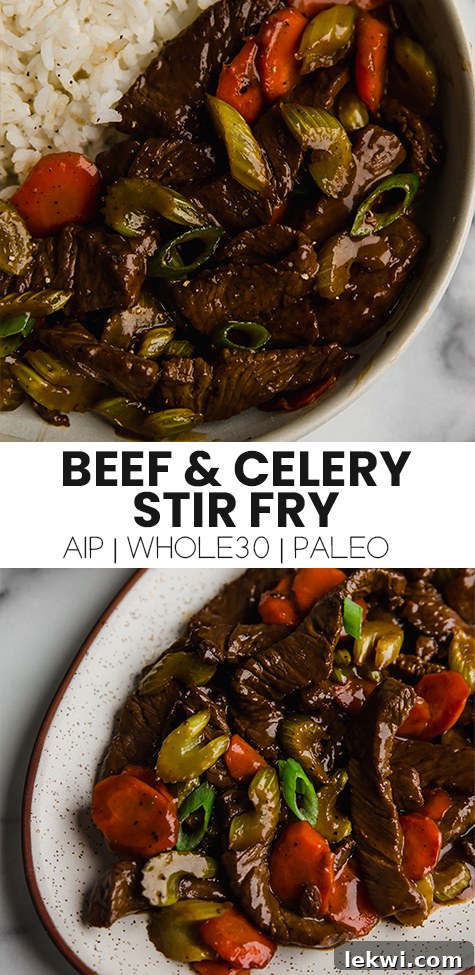 Collage with text "Beef & Celery Stir Fry AIP | Whole30 | Paleo." showcasing the dish.