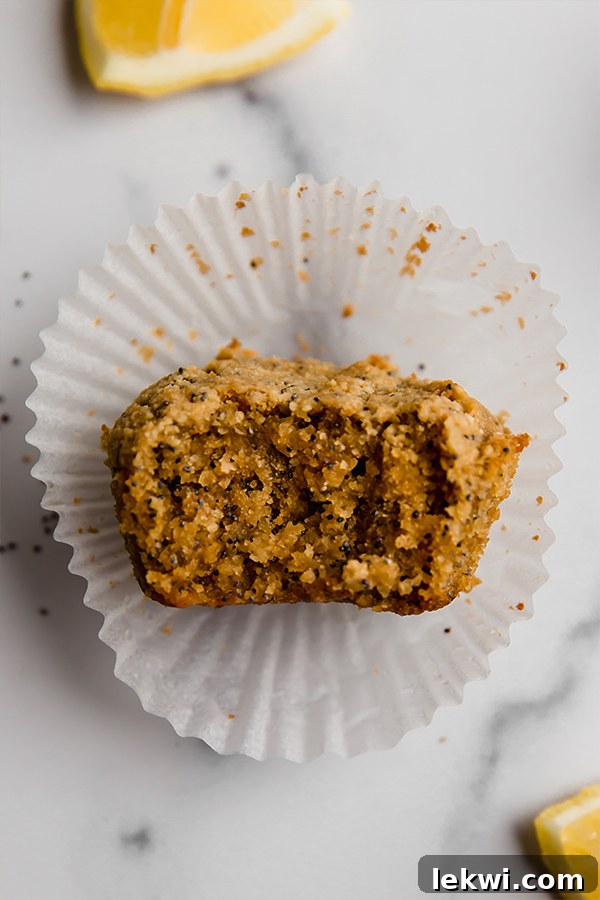 One lemon zucchini poppyseed muffin with a bite taken out, sitting on a white paper liner.