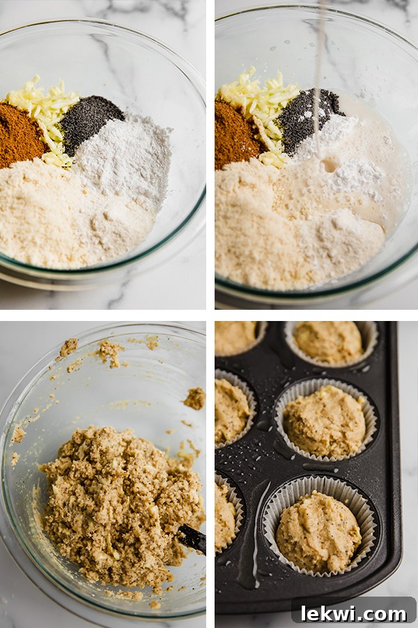 A step-by-step collage showing the process of making lemon zucchini poppyseed muffins, from grating zucchini to mixing batter and baked muffins.
