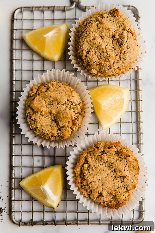 Three lemon zucchini poppyseed muffins with fresh lemon wedges arranged artistically.