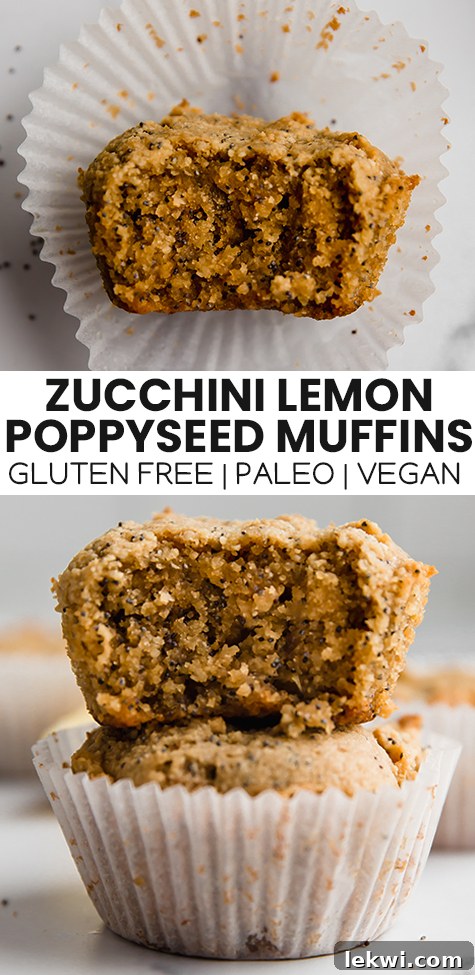 Collage with text 'Zucchini Lemon Poppyseed Muffins Gluten Free | Paleo | Vegan.'