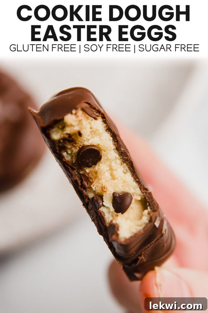 Treat with text "Cookie Dough Easter Eggs Gluten Free | Soy Free | Sugar Free."