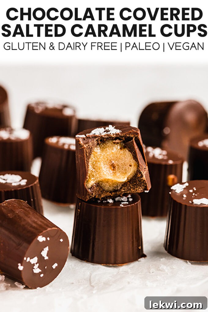 Visually appealing image of chocolate with text "Chocolate Covered Salted Caramel Cups Gluten & Dairy Free | Paleo | Vegan." highlighting the recipe attributes.