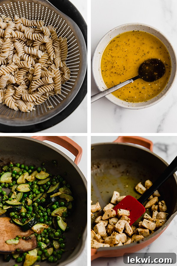 Step-by-step progression of preparing the Spring Pasta Salad, from cooking ingredients to combining them.