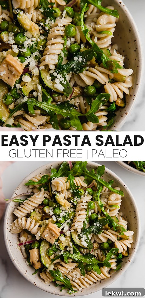 Wholesome Spring Pasta Salad: Gluten-Free, Paleo, and AIP-Friendly 6 Collage with text "Easy Pasta Salad Gluten Free | Paleo." highlighting the healthy benefits of the recipe.