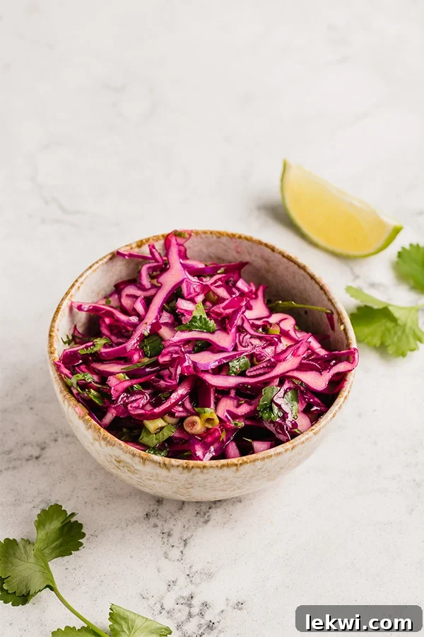 Freshly chopped purple cabbage slaw in a small bowl, garnished with vibrant lime wedges and cilantro.