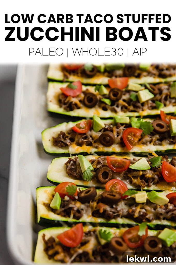Food with text "Low Carb Taco Stuffed Zucchini Boats Paleo | Whole30 | AIP."