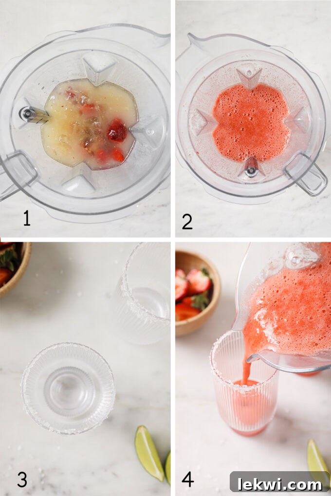 Collage showing the blending process of strawberry margarita mocktail ingredients in a blender.