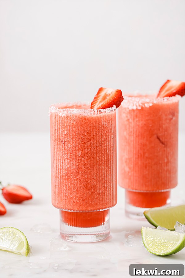 Two glasses of strawberry margarita mocktail, garnished with lime and strawberries, on a wooden surface.