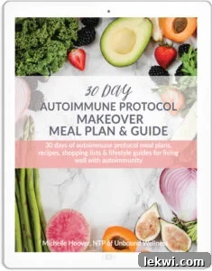 Photos of the cover of the 30-day Autoimmune Protocol Makeover Meal Plan ebook, featuring vibrant, healthy food.