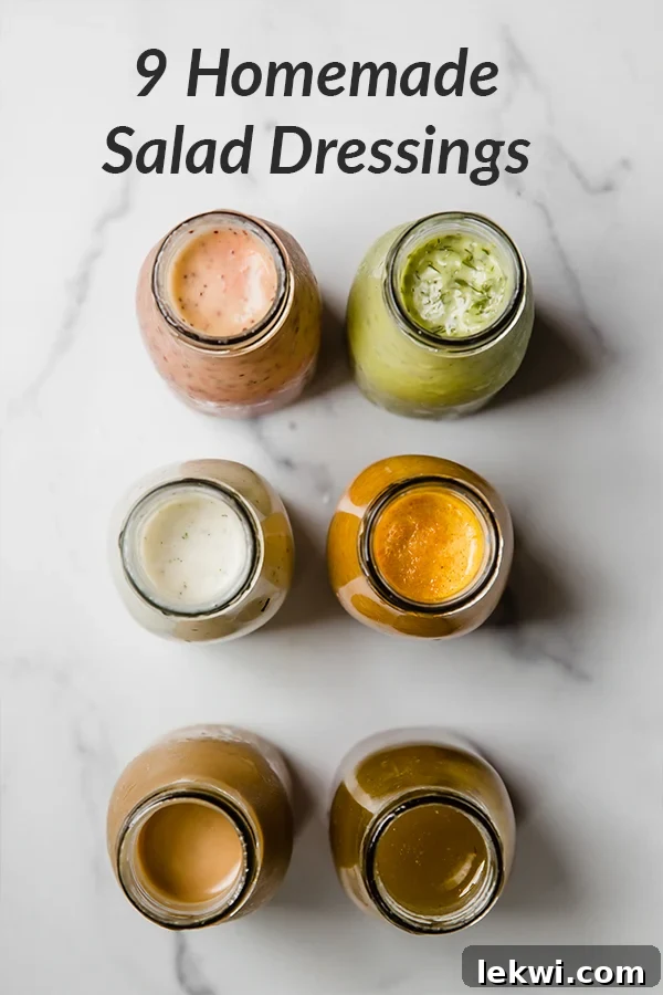 Six jars of colorful homemade salad dressings, with text "9 Homemade Salad Dressings" overlayed.