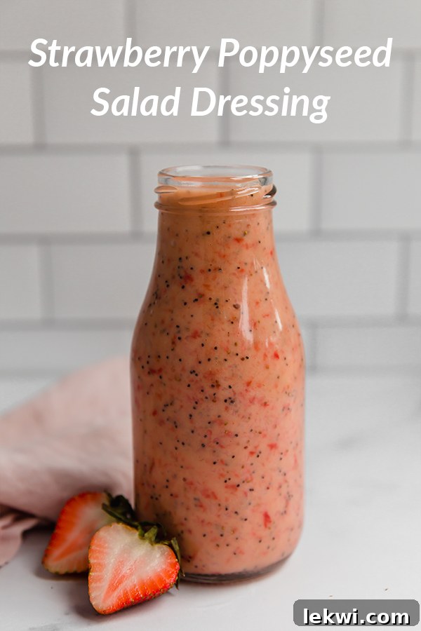 Jar labeled "Strawberry Poppyseed Salad Dressing," showing fresh berries and poppy seeds.