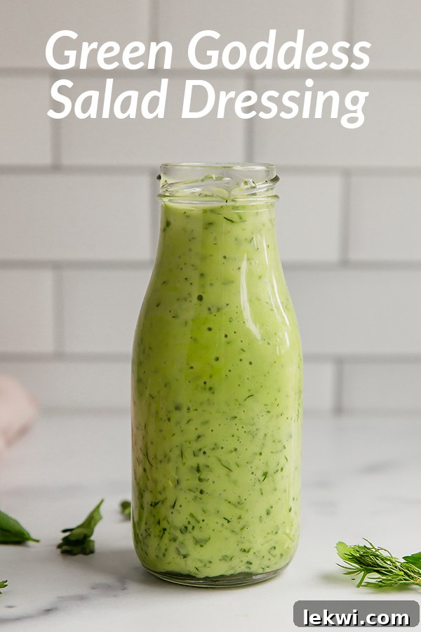 Jar labeled "Green Goddess Salad Dressing," vibrant with fresh herbs.