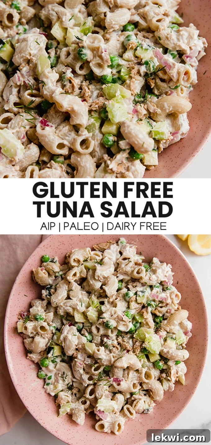 Collage with text "Gluten Free Tuna Salad AIP | Paleo | Dairy Free," highlighting key dietary benefits.