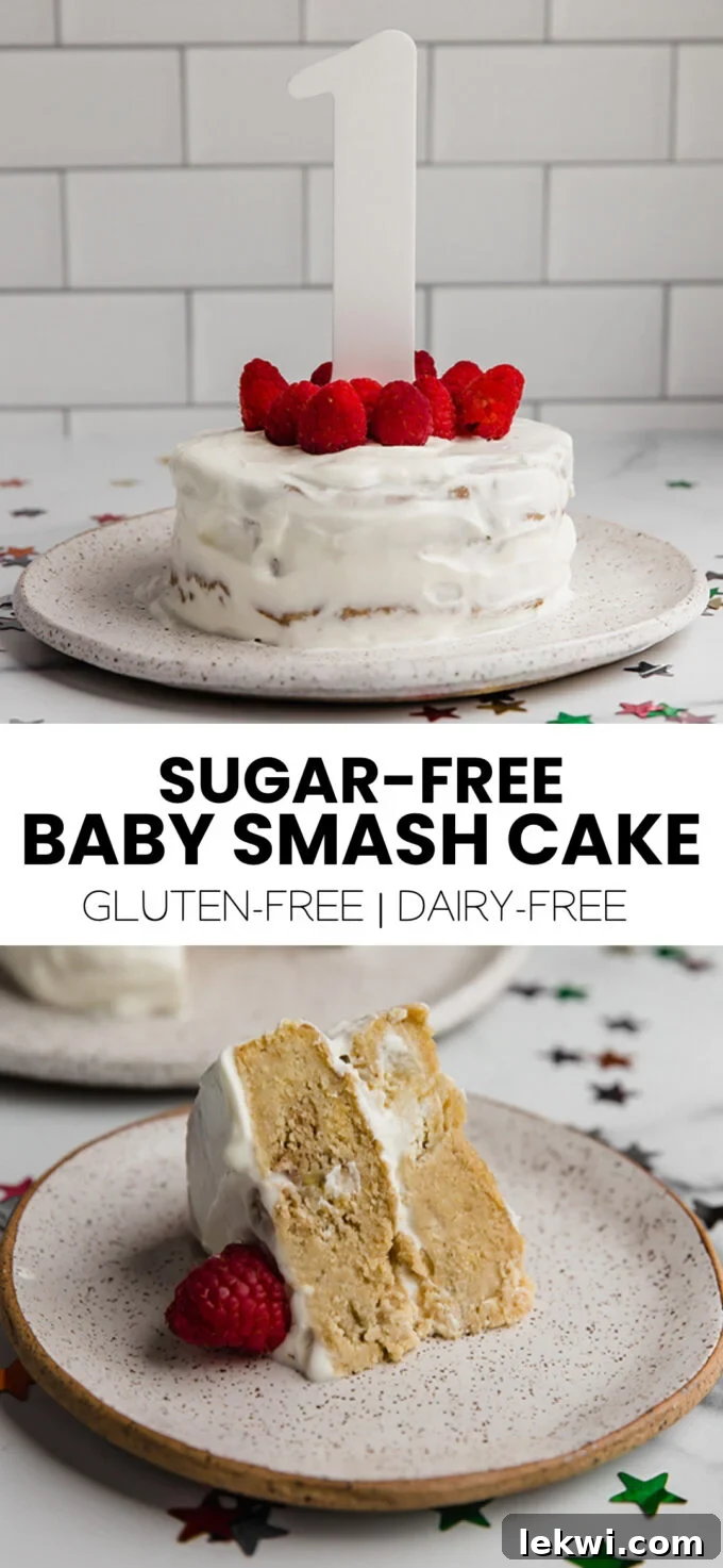 Collage with text "Sugar-Free Baby Smash Cake Gluten-Free | Dairy-Free." reinforcing the health benefits of the cake.