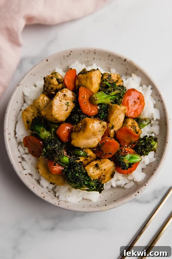 Honey garlic chicken stir fry over rice.