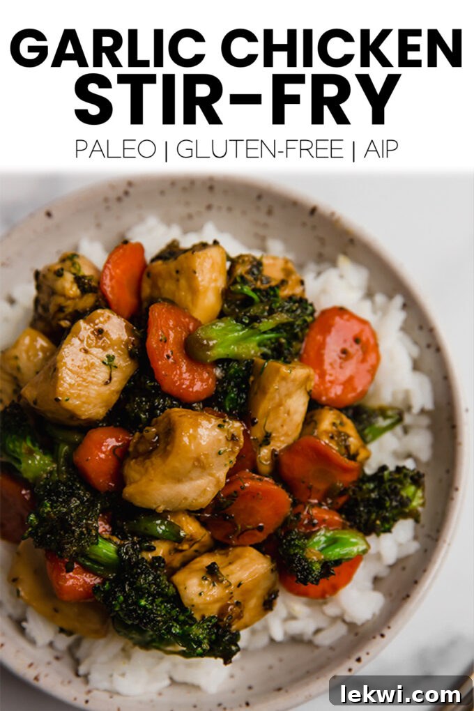Food with text "Honey Garlic Chicken Stir Fry Paleo | Gluten-Free | AIP."