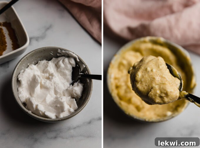Side-by-side image showing unmixed coconut yogurt and spices in a bowl on the left, and the rich, golden, creamy curry dressing after stirring on the right.