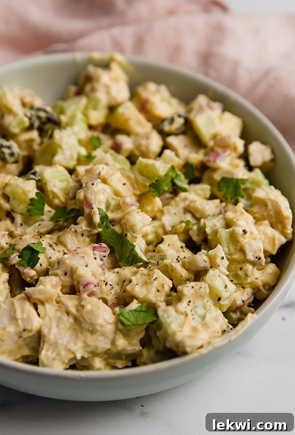 A vibrant bowl of yogurt curry chicken salad, artfully garnished with fresh cilantro and a lime wedge, presented on a light-colored surface.