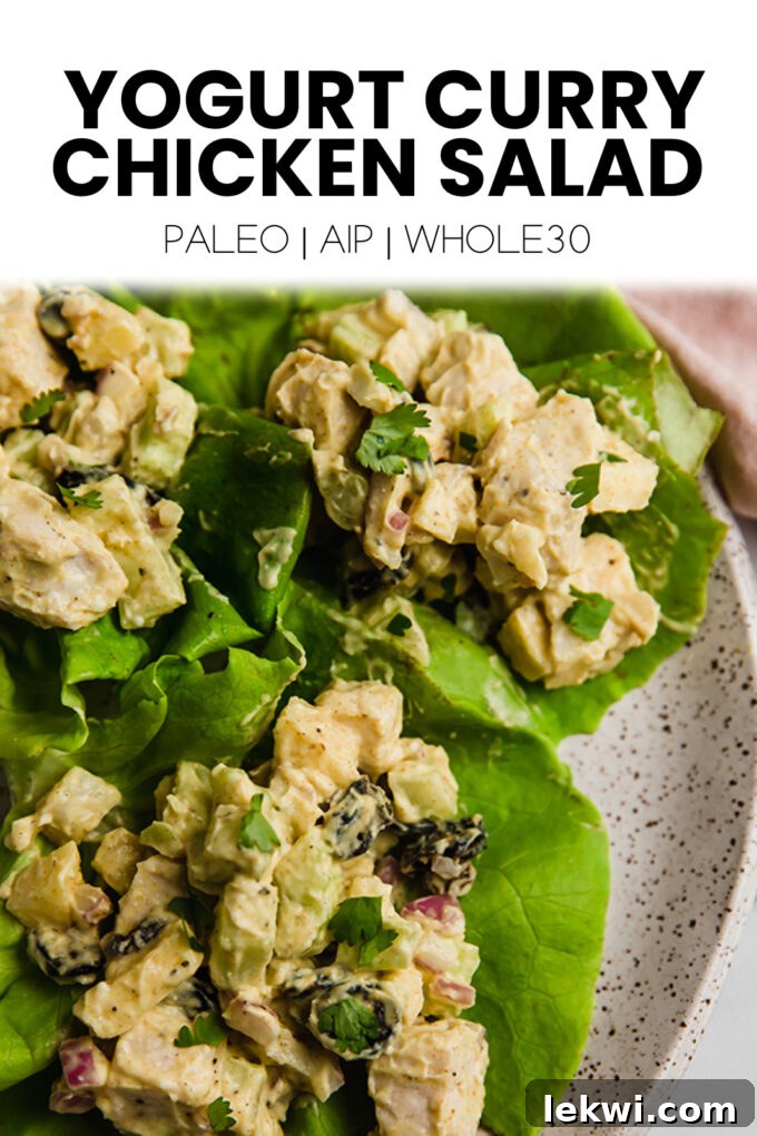 A visually appealing graphic promoting "Yogurt Curry Chicken Salad" with clear labels for "Paleo | AIP | Whole30," suggesting its dietary versatility.