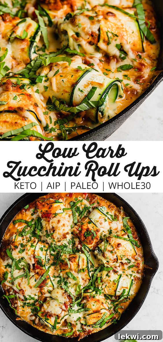 Collage with text \"Low Carb Zucchini Roll Ups Keto | AIP | Paleo | Whole30.\"