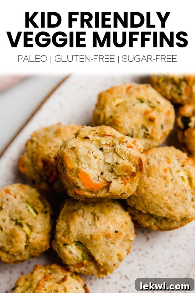 Pinterest graphic featuring muffins with text "Kid Friendly Veggie Muffins Paleo | Gluten-Free | Sugar-Free."