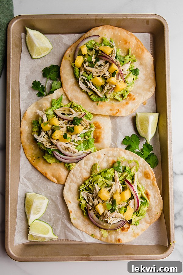 Three perfectly plated Paleo Mango Chicken Tostadas viewed from above, showcasing their colorful toppings.