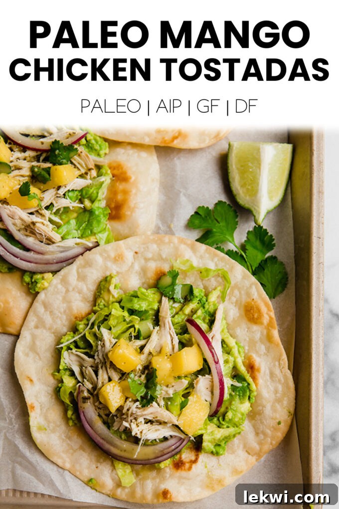 Tostadas with text "Paleo Mango Chicken Tostadas Paleo | AIP | GF | DF."