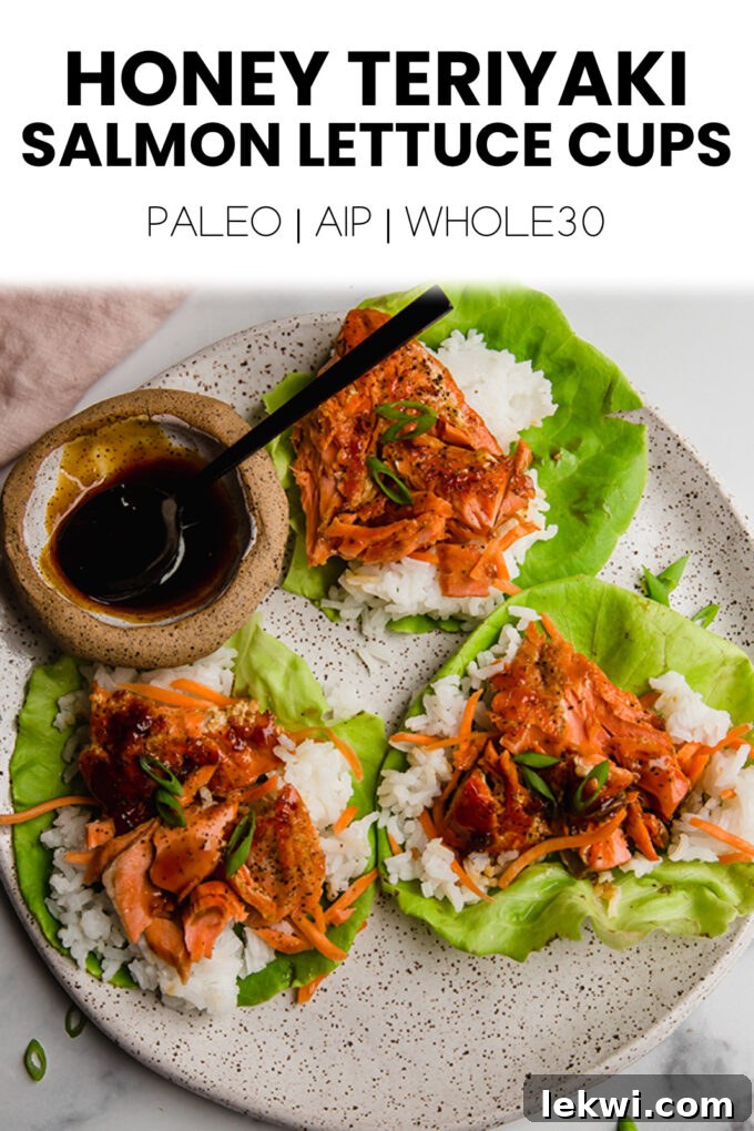 Food with text "Honey Teriyaki Salmon Lettuce Cups Paleo | AIP | Whole30."