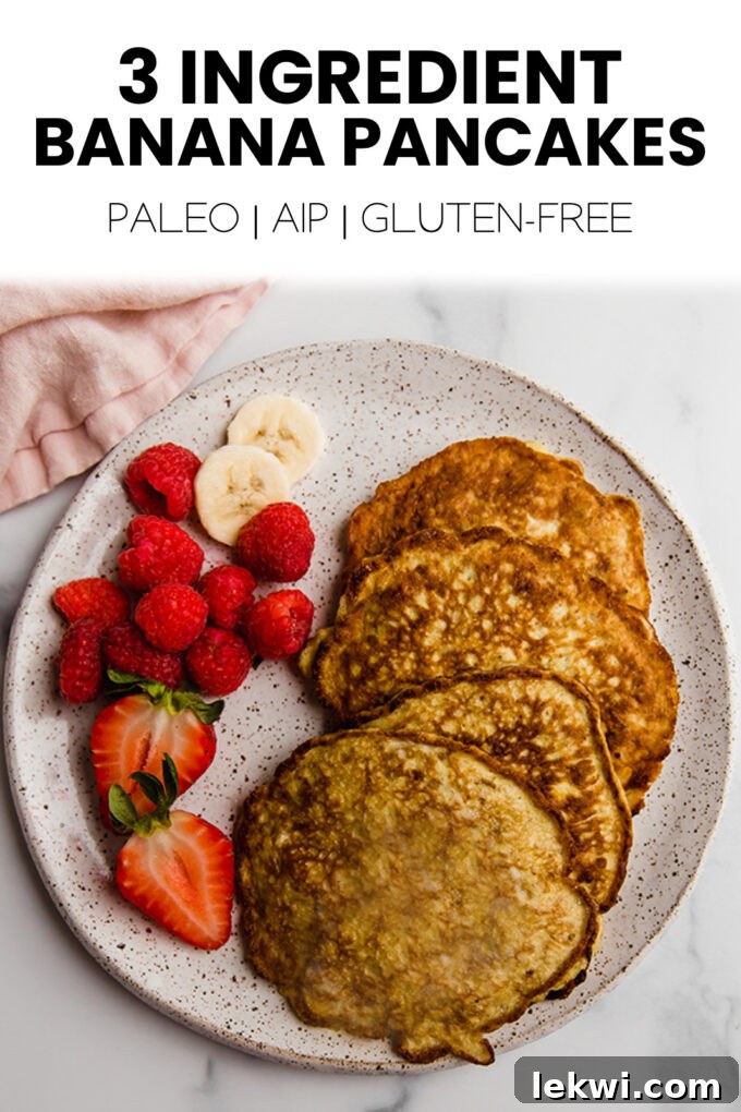 Promotional image featuring a stack of golden banana pancakes with text overlay: "3 Ingredient Banana Pancakes Paleo | AIP | Gluten-Free." emphasizing their dietary benefits.