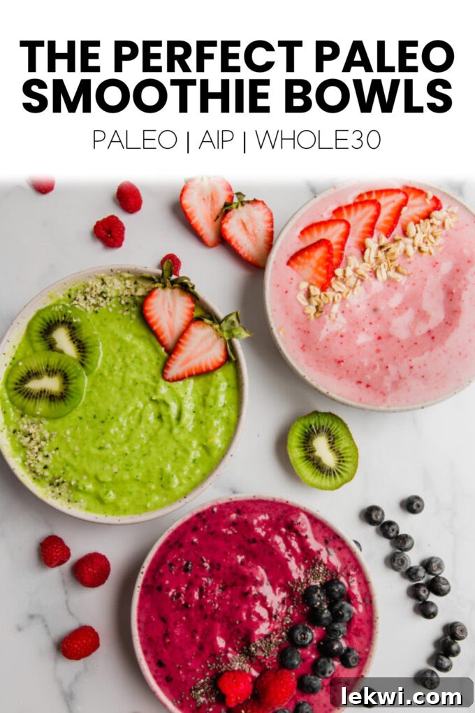 Three enticing smoothie bowls are presented on a wooden surface, accompanied by text that reads: "The Perfect Paleo Smoothie Bowls Paleo | AIP | Whole30." This image highlights the healthy and adaptable nature of the bowls.