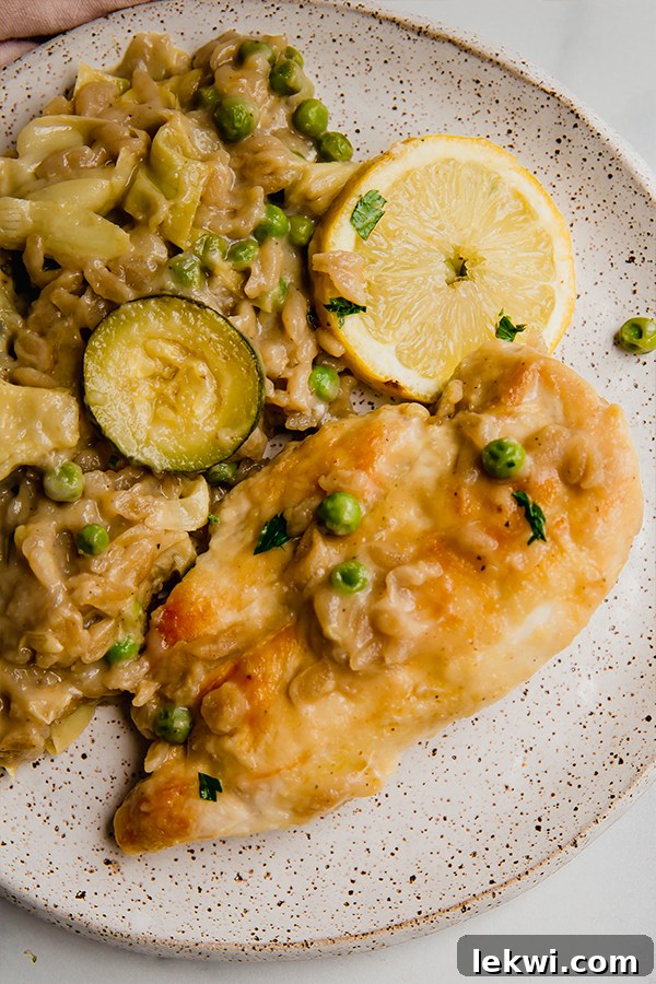 Plated One-Pan Lemon Chicken with Orzo, garnished with fresh parsley and a lemon wedge.