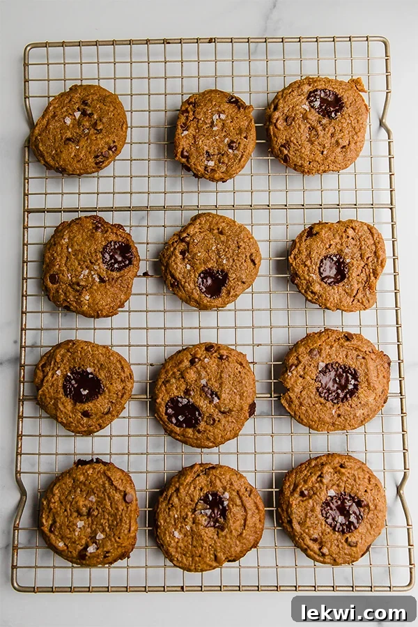 Overhead shot of freshly baked flourless almond butter cookies on a cooling rack, showcasing their irresistible appeal.