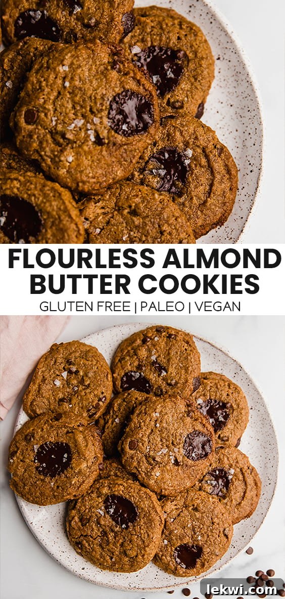 Collage with text "Flourless Almond Butter Cookies Gluten Free | Paleo | Vegan." highlighting key dietary benefits.