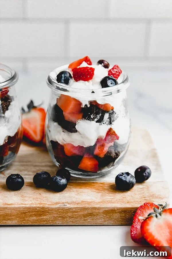 Brownie berry parfait layered in a glass.