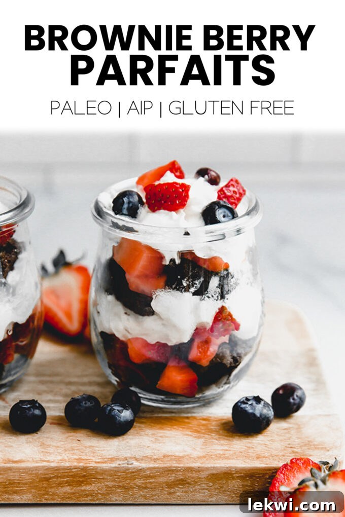 Parfait with text "Brownie Berry Parfaits Paleo | AIP | Gluten Free." marketing graphic.
