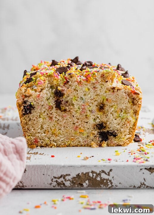 Sliced loaf of chocolate chip ice cream bread, showcasing its fluffy texture and delicious mix-ins.