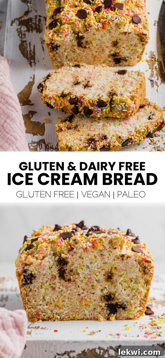 Collage with text "Gluten & Dairy Free Ice Cream Bread Gluten Free | Vegan | Paleo." emphasizing the recipe\