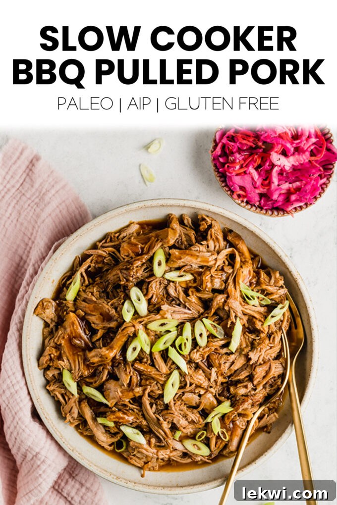 Pulled pork with text "Slow Cooker BBQ Pulled Pork Paleo | AIP | Gluten Free."