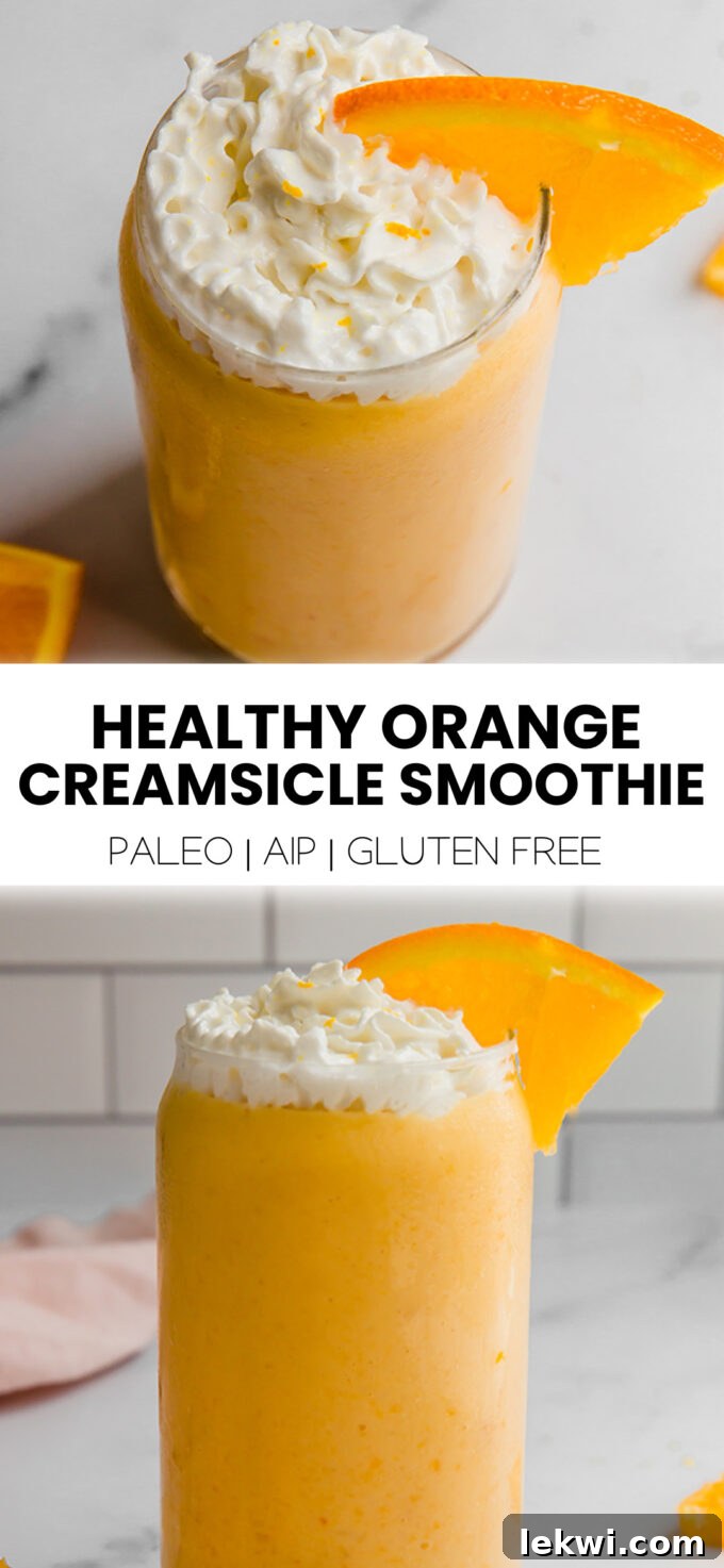 A visually appealing collage with the text "Healthy Orange Creamsicle Smoothie Paleo | AIP | Gluten Free." perfect for social media sharing.