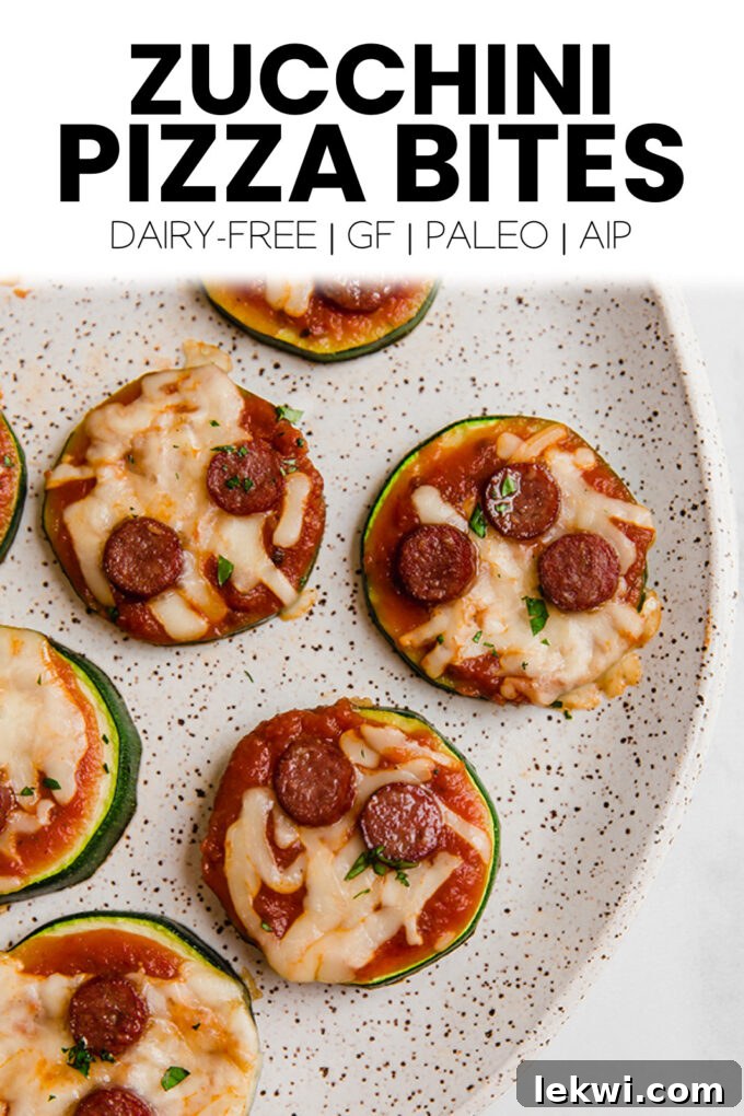 Food with text "Zucchini Pizza Bites Dairy-Free | GF | Paleo | AIP."