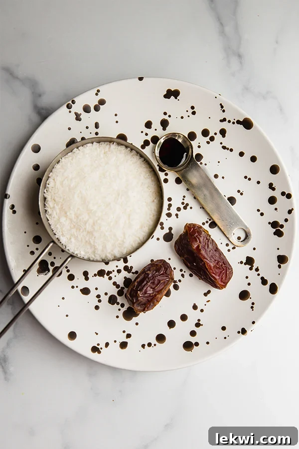 Close-up of key ingredients for making coconut milk: a bowl of shredded coconut, pitted dates, and a bottle of vanilla extract.