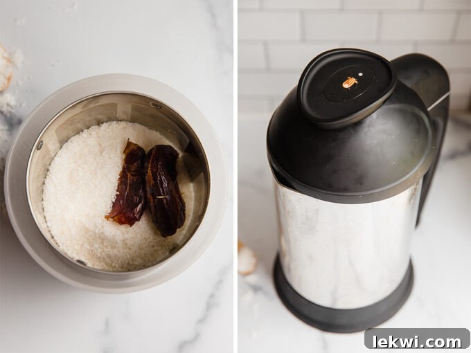 Shredded coconut and a pitted date carefully placed inside the collector cup of an Almond Cow.