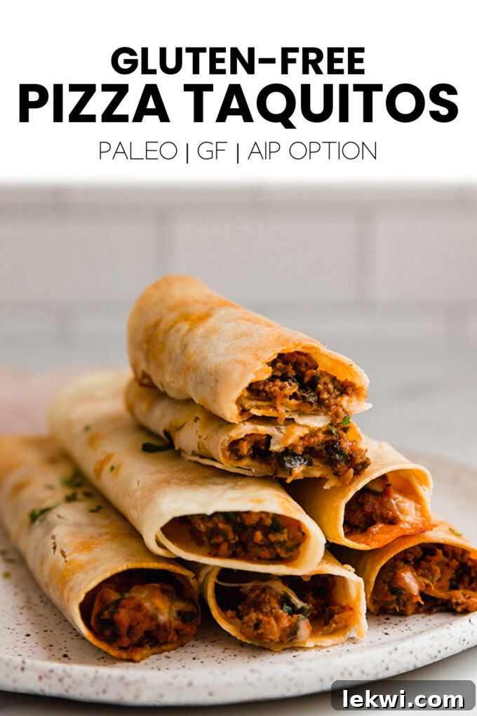 Food with text "Gluten-Free Pizza Taquitos Paleo | GF | AIP Option."