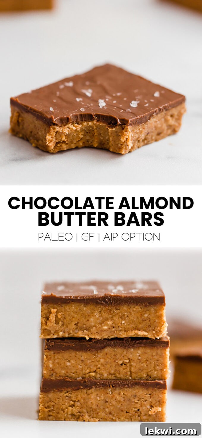 A visually appealing collage featuring text "Chocolate Almond Butter Bars Paleo | GF | AIP Option," with images of the delicious bars, perfect for social sharing.