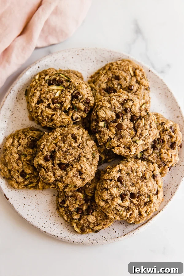 A beautifully presented plate of chocolate chip oatmeal zucchini cookies.